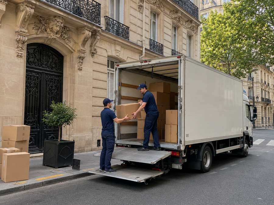 Camion de déménagement et équipe chargeant des cartons devant un immeuble à Clichy