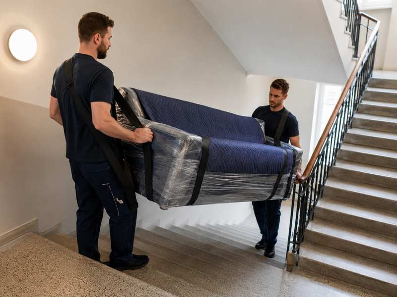 Déménageurs portant un canapé protégé dans un escalier d'immeuble
