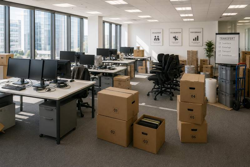 Transfert de bureaux : open space en cours de déménagement d'entreprise