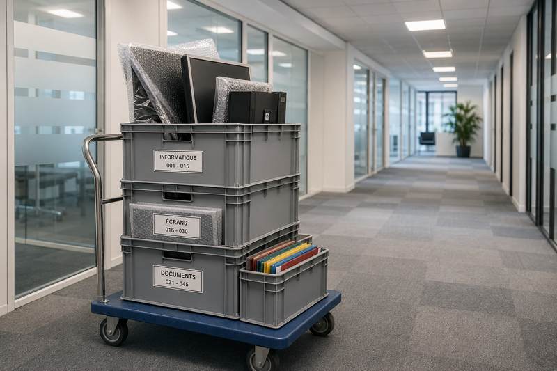 Caisses de transfert et matériel informatique d'un déménagement d'entreprise