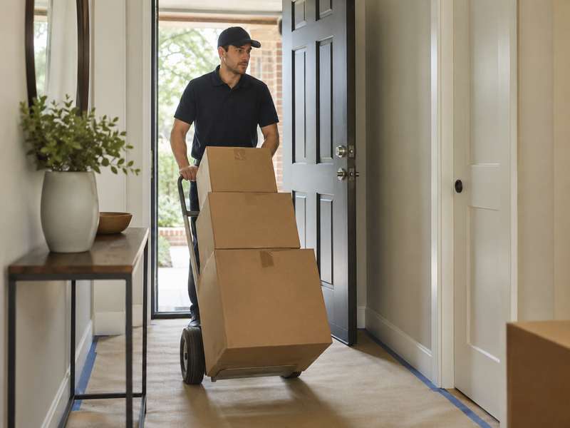 Déménageur transportant des cartons avec un diable