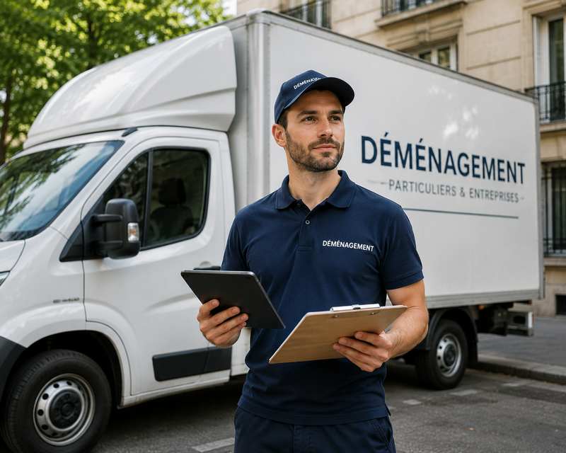 Estimation gratuite : déménageur préparant un devis devant le camion