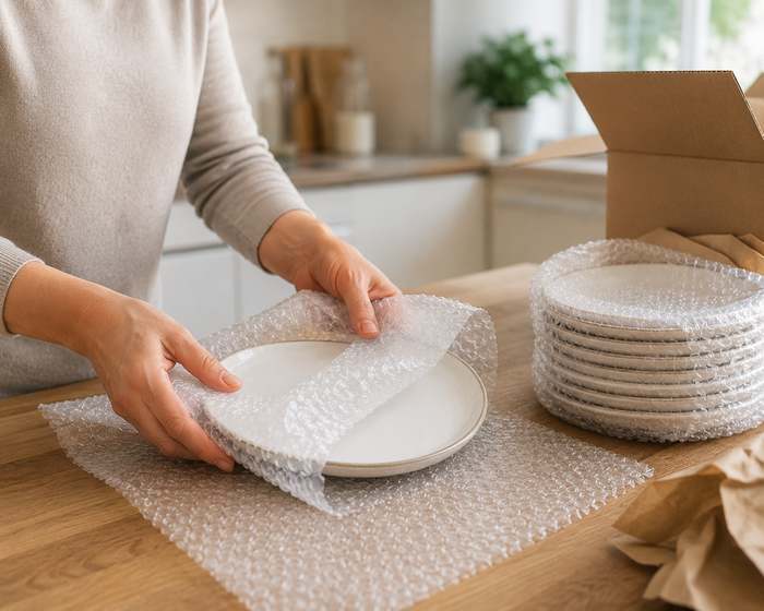 Emballage de vaisselle fragile dans du papier protecteur