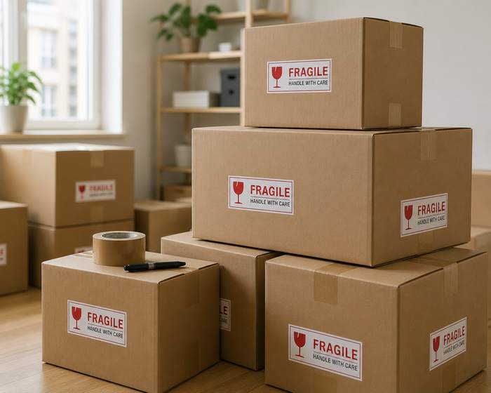 Cartons fragiles étiquetés prêts pour la manutention