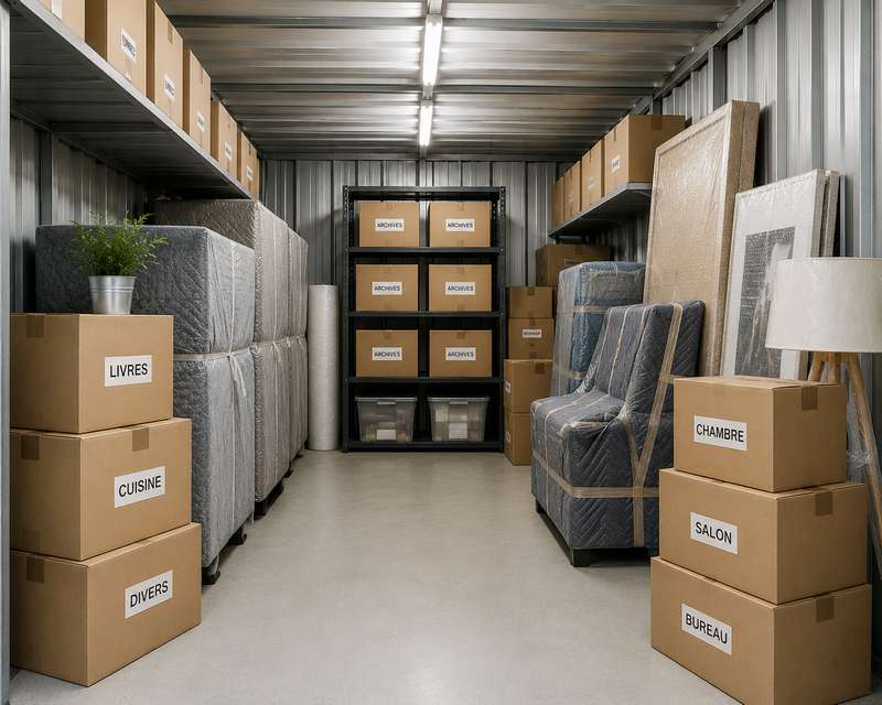 Box de stockage propre avec meubles housse et cartons rangés