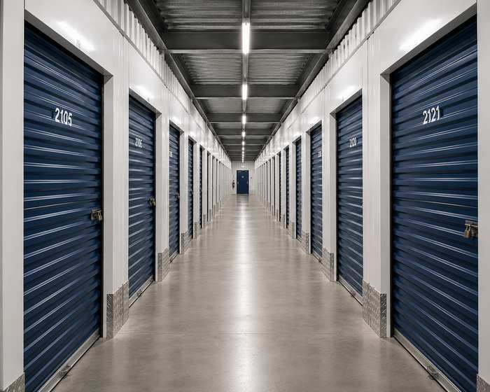 Allée d'un centre de self-stockage, portes de box numérotées