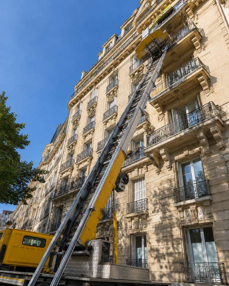 Monte-meubles déployé le long d'une façade d'immeuble