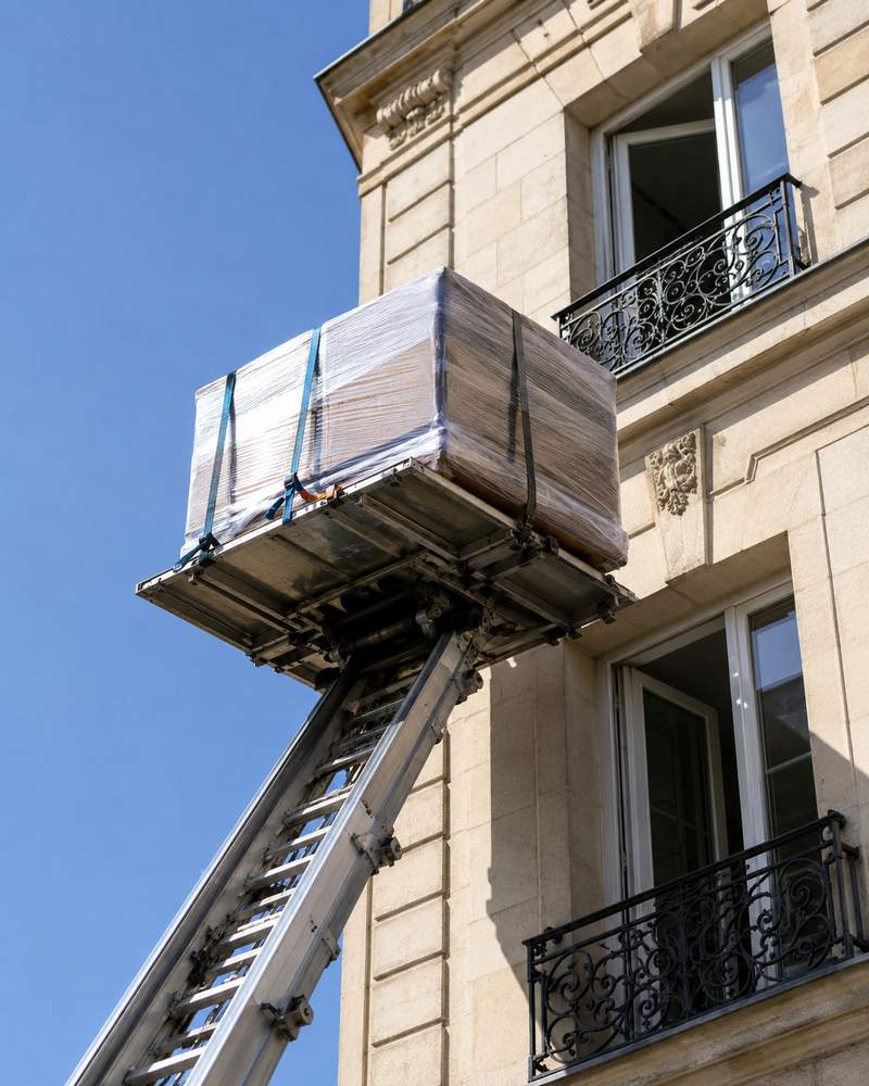 Plateau de monte-meubles transportant un meuble vers un étage élevé